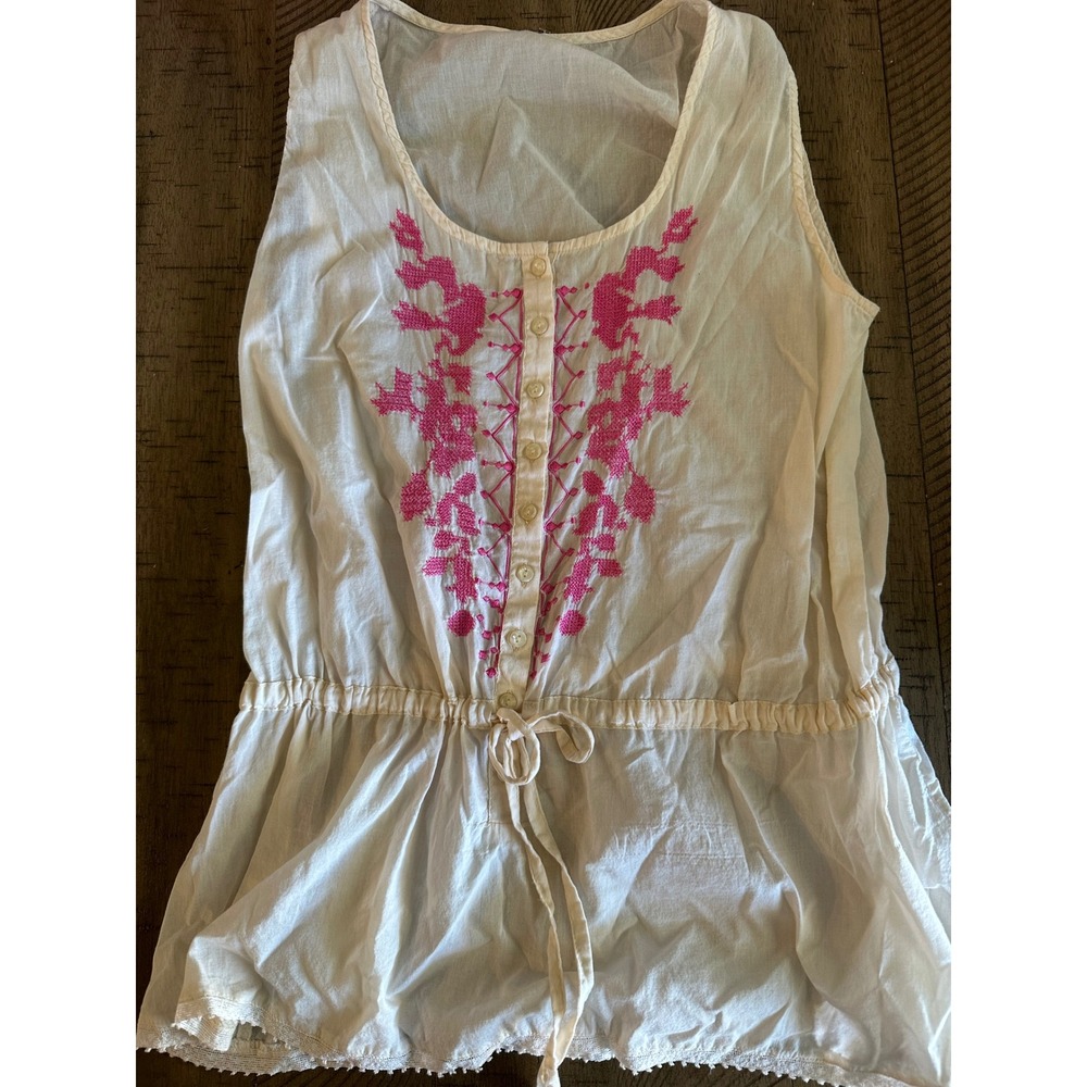 Vintage Hand-Embroidered Cotton Peasant Top‎ Boho Folk Art Sleeveless Blouse